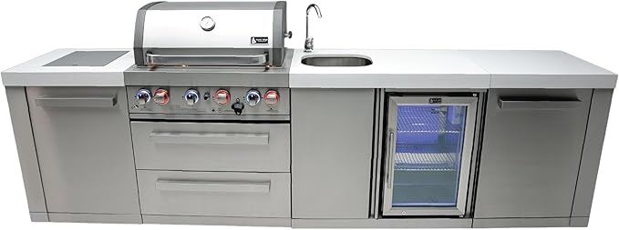 Mont Alpi Premium 120"W x 23"D Stainless Steel Modular Outdoor Kitchen Island + Beverage Center Faucet & Sink & Refrigerator + 32"W 4-Burner BBQ Gas Grill & Side Burner + Storage Cabinets and Drawers