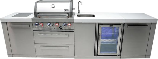 Mont Alpi Premium 120"W x 23"D x 46"H Stainless Steel Modular Outdoor Kitchen Island with Infrared Side Burner + 44"W 6-Burner BBQ Gas Grill + White Granite Countertops + Storage Cabinets + Drawers