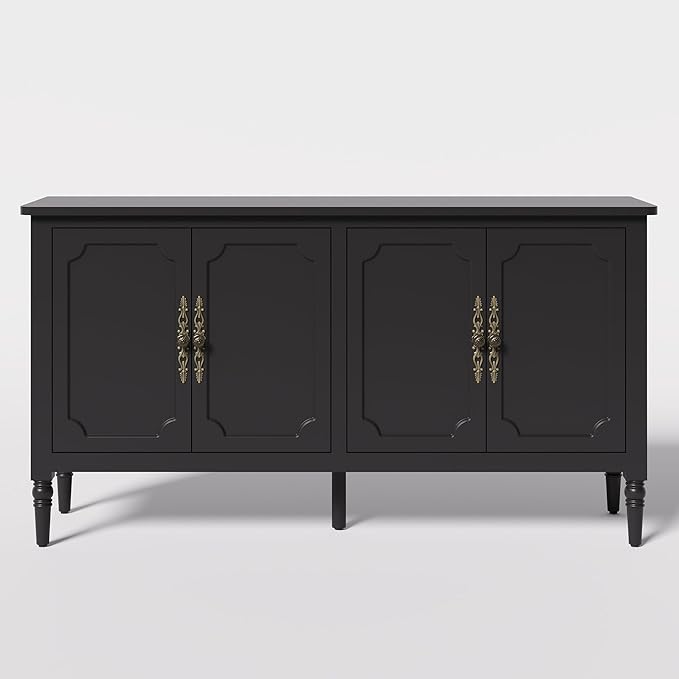 RoyalCraft Sideboard Buffet Cabinet with Storage, 59" Mid Century Modern Credenza with 4 Doors, Coffee Bar Wine Bar Storage Cabinet with Artistic Carved Handle for Living Room, Dining Room, Black