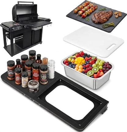 QuliMetal Foldable Front Shelf for Traeger WOODRIDGE PRO, 27.93" Grill Prep Table with Cutting Board, Stainless Steel Basin and Lid, BBQ Front Shelf Accessory