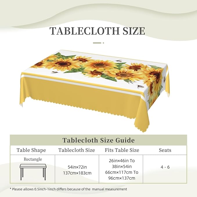 Yellow Sunflower Rectangular Tablecloth, Sunflowers Table Cloth Washable Tablecloths Decorative Table Cover for Kitchen, Dining, or Parties 54x72 Inches