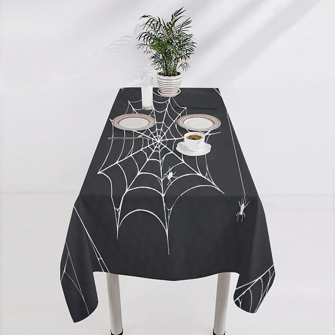 Spider Web Tablecloth, Scary Horror Spider Ghost Black Water Resistant Wipeable Table Cover for Picnic Party Holiday Kitchen Dinner Table 55"x55"
