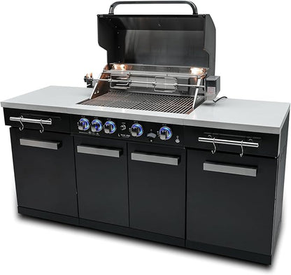 Mont Alpi Premium 70"W x 24"D Black Stainless Steel Outdoor Kitchen Island with 32"W 4-Burner BBQ Grill plus Accessory Bundle - Natural Gas Conversion Kit + Dual Sided Griddle Plate + Charcoal Tray