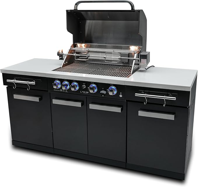 Mont Alpi 70"W x 24"D x 46"H Black Stainless Steel Outdoor Kitchen Island + 32"W 4-Burner BBQ Gas Grill with Infrared Burner + Storage Cabinets + White Granite Countertops + Natural Gas Conversion Kit