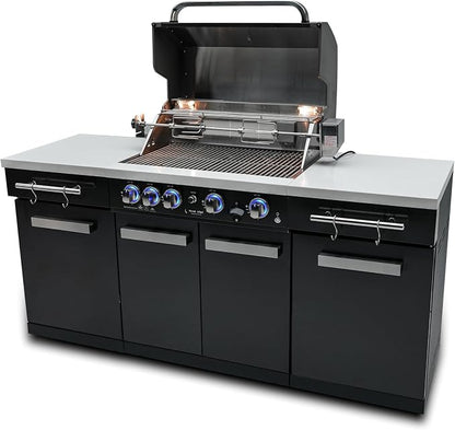Mont Alpi 70"W x 24"D x 46"H Black Stainless Steel Outdoor Kitchen Island + 32"W 4-Burner BBQ Gas Grill with Infrared Burner + Storage Cabinets + White Granite Countertops + Natural Gas Conversion Kit