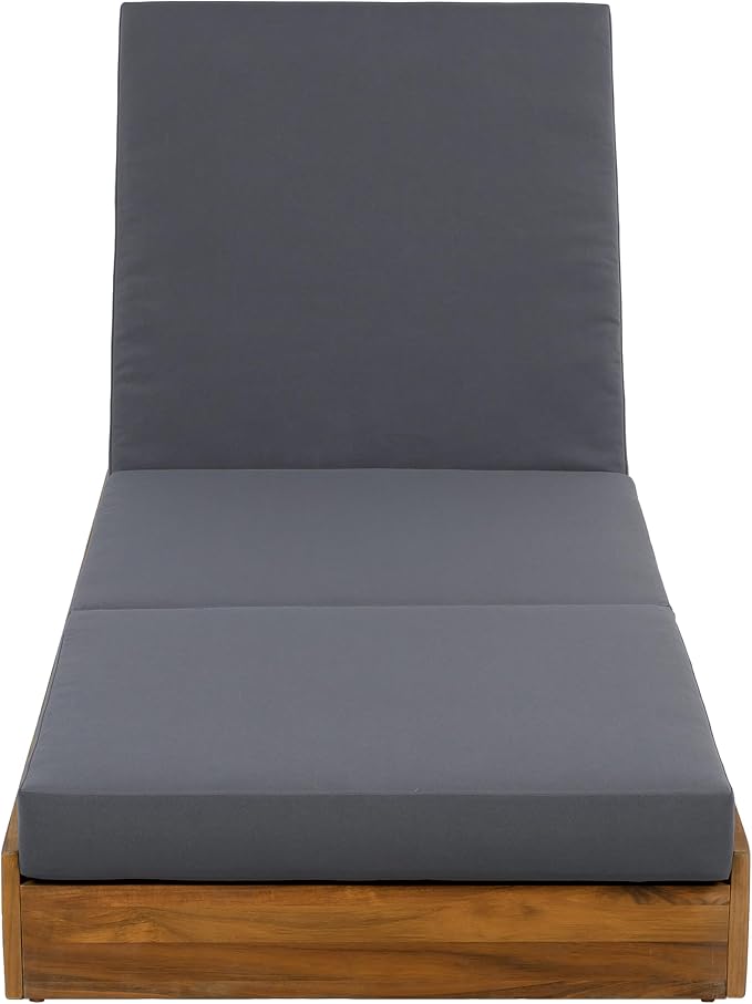Merax Patio Chaise Lounge with Adjustable Backrest & Cushion, Acacia Wood Recliner Chair with Teak Finish for Backyard Pool Garden