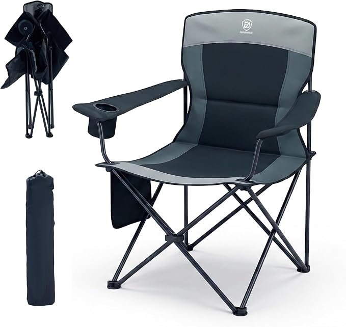 EVER ADVANCED Oversized Folding Lawn Chair, Heavy Duty Steel Camping Chair with Cup Holder, 350 lbs Weight Capacity for Adult Outdoor Fishing & Sports, Black