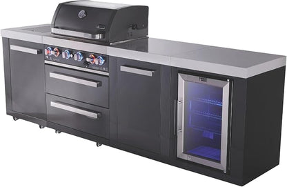 Mont Alpi 107"W x 23"D x 46"H Black Stainless Steel Outdoor Kitchen Island with Refrigerator + 32"W 4-Burner BBQ Grill + Granite Countertops + Storage Cabinets + Chopping Board + Rotisserie + Cover