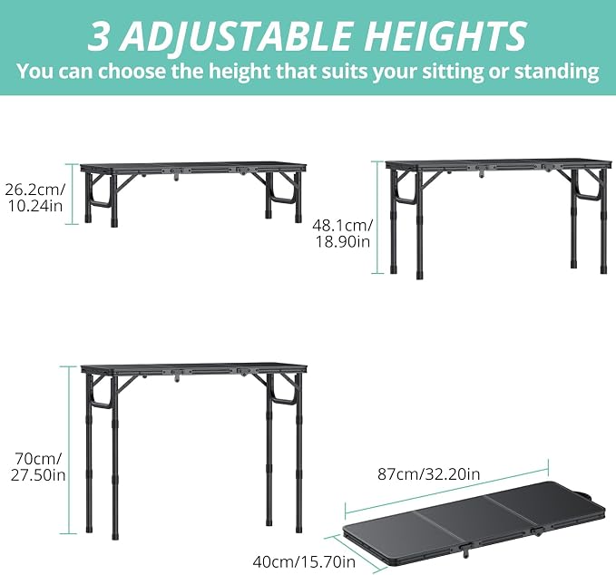 VINTEAM Tri-Folding Camping Table with 3 Adjustable Heights, Lightweight Portable Outdoor Picnic BBQ Table, Black Aluminum Folding Grill Table for Camping, RV, Beach, Fishing & Backyard