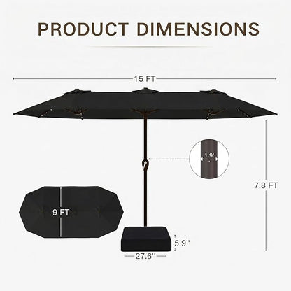 Kingdura 15ft Large Patio Umbrella with Solar Lights, Double-Sided Rectangle Lighted Outdoor Table Umbrella with Base Included, 12 Reinforced Ribs, 48 Led Lights, Crank Lift for Market Pool Deck Backyard, Black