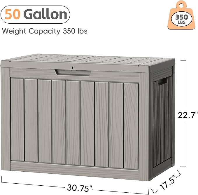 50 Gallon Outdoor Deck Box - Lockable Waterproof Storage Container, Resin Weatherproof Box for Patio Garden Furniture Pool Tools Cushions, Grey
