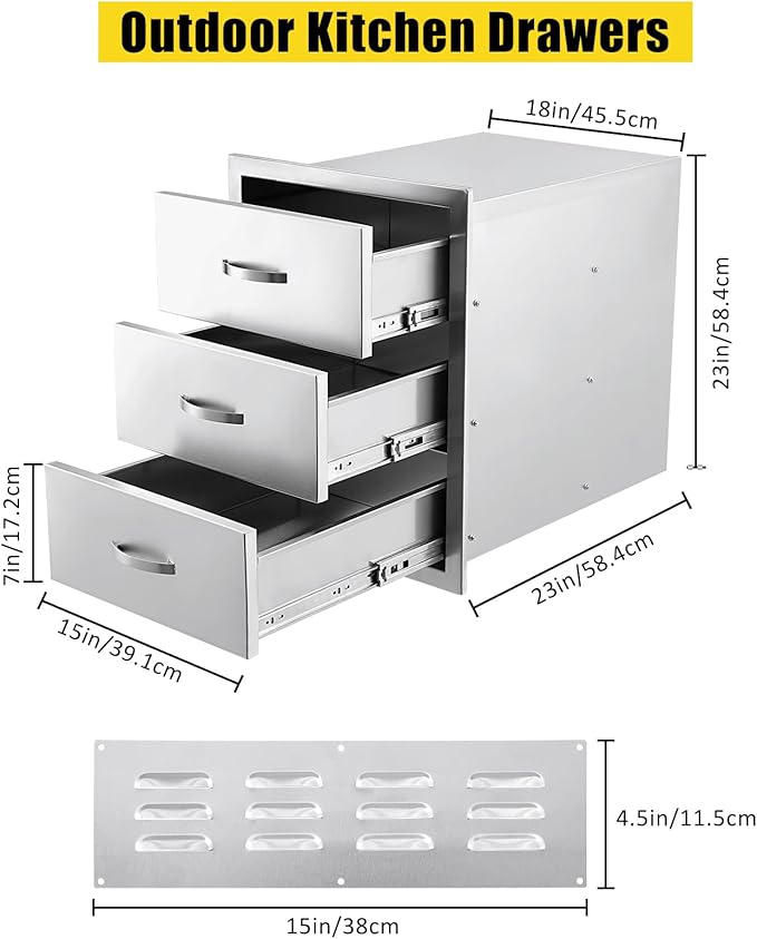 GarveeLife Outdoor Kitchen Drawers 18 in Wx 23 in H x 23 in D, Flush Mount BBQ 3-Layer Drawer Stainless Steel Kitchen Drawer Outdoor Kitchen Access Drawer for Outdoor Kitchen Island