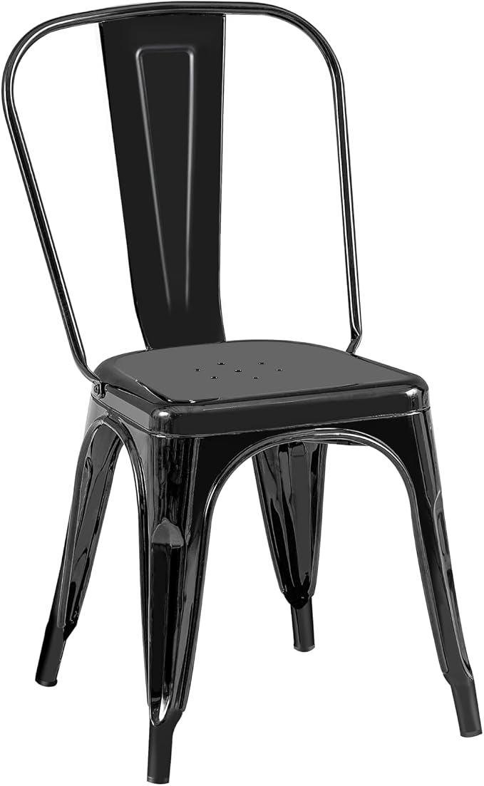 AC Pacific Stackable Metal Dining Chairs Set of 2 for Indoor and Outdoor Use, Durable Stacking Seat, Farmhouse Kitchen, Bar, Patio, Bistro, Cafe, Industrial Style, 2pcs, High Gloss Black