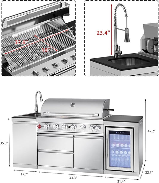 BBQ Outdoor Kitchen Island Grill Barbecue Modular Patio Kitchens Kits with Electric Rotisserie, Sink, fridge, and Burner for More than 10 People