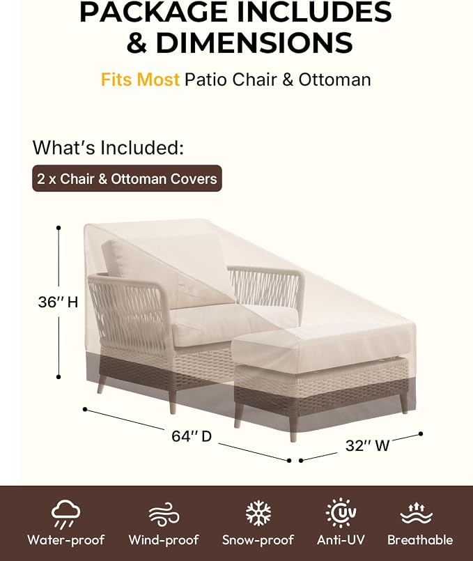 loriano 2-Pack Outdoor Chair Cover with Ottomans, Waterproof Furniture Cover for 2 Chairs & 2 Ottomans, Heavy Duty 600D Oxford Fabric, All-Weather UV and Windproof for Patio Sets