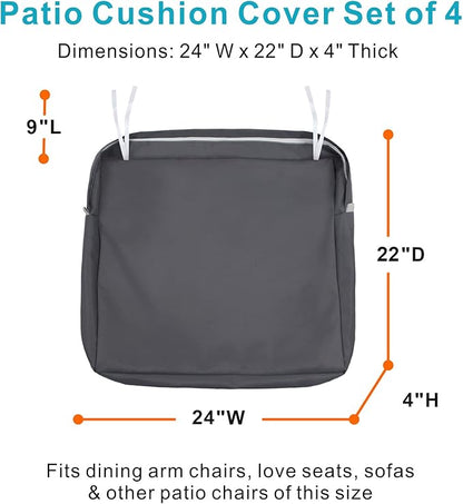 NettyPro Patio Cushion Covers Replacement Set 4 Water Repellent UV Resistant Outdoor Chair Seat Cushion Slipcover with Zipper and Tie, 24 x 22 x 4 Inch, Grey
