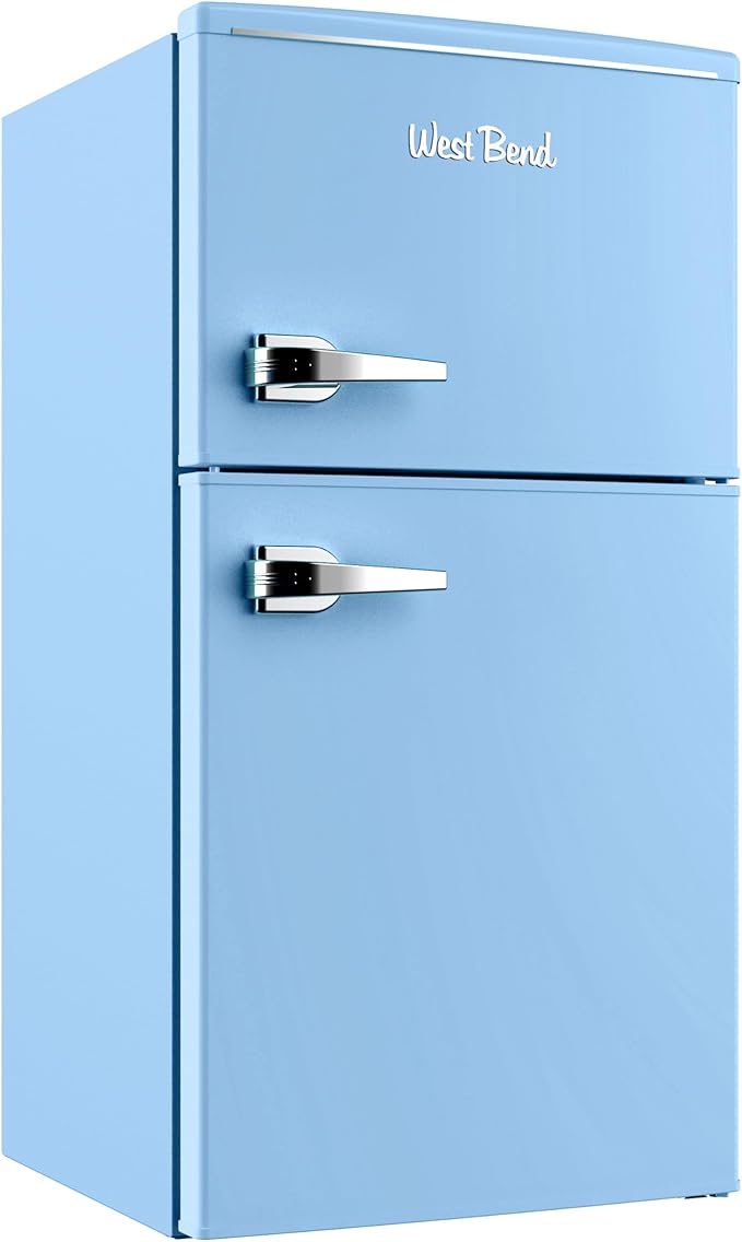 West Bend Mini Fridge with Freezer for Bedroom, Office, Bar or Dorm Room, Retro Compact Refrigerator features Glass Shelves, Manual Defrost and Adjustable Temperature Control, 3.1-Cu.Ft., Blue