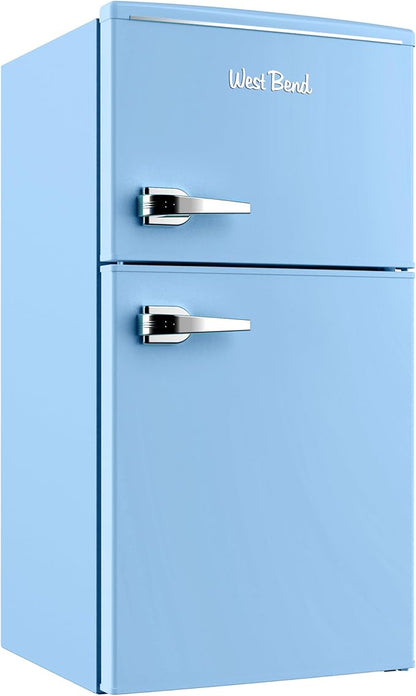 West Bend Mini Fridge with Freezer for Bedroom, Office, Bar or Dorm Room, Retro Compact Refrigerator features Glass Shelves, Manual Defrost and Adjustable Temperature Control, 3.1-Cu.Ft., Blue