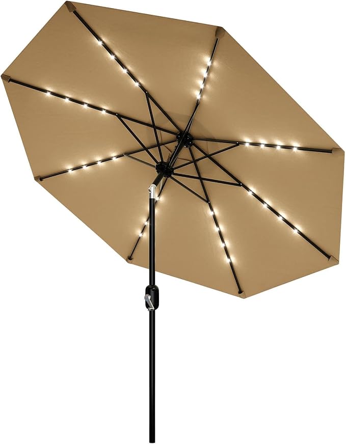 Garvee patio Umbrella with Solar Lights, Outdoor Table Umbrella with 8 Durable Ribs, Tilt & Crank Mechanism, Waterproof & UV Protection for Garden, Backyard, Poolside,
