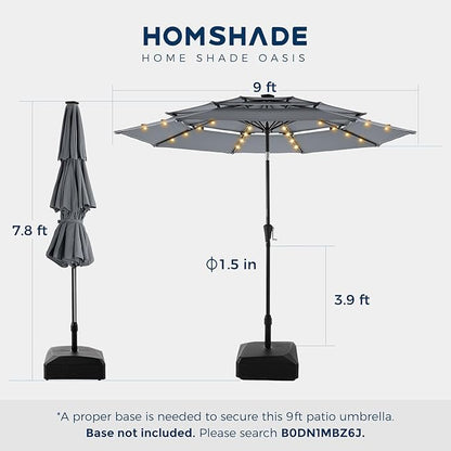 HOMSHADE 9FT 3-Tier Solar Patio Umbrella Heavy Duty,Vented Market Table Umbrella Windproof w/32 LED Lights,UPF50+,5-Year Fade Resistant,8 Thicker Ribs for Pool,Lawn,Garden,Deck (Grey,No Base)