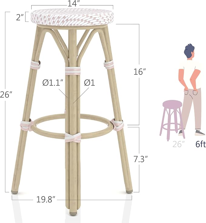 Seadrift Boho 26-inch Aluminum and All-Weather Wicker Barstools with Footrest, Patio Stools & Bar Chairs for Outdoor, Kitchen Counter, Poolside, Yard, Set of 2, White and Pink