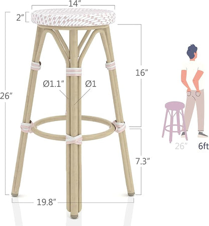 Seadrift Boho 26-inch Aluminum and All-Weather Wicker Barstools with Footrest, Patio Stools & Bar Chairs for Outdoor, Kitchen Counter, Poolside, Yard, Set of 2, White and Pink