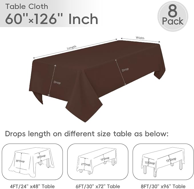 8 Pack Brown Tablecloth 60 x 126 Inch Rectangle For 8 Foot Tables | Wrinkle Resistant, Washable Polyester Fabric, Rectangular Table Cloth for Wedding Party Banquet Buffet and Camping