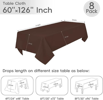 8 Pack Brown Tablecloth 60 x 126 Inch Rectangle For 8 Foot Tables | Wrinkle Resistant, Washable Polyester Fabric, Rectangular Table Cloth for Wedding Party Banquet Buffet and Camping