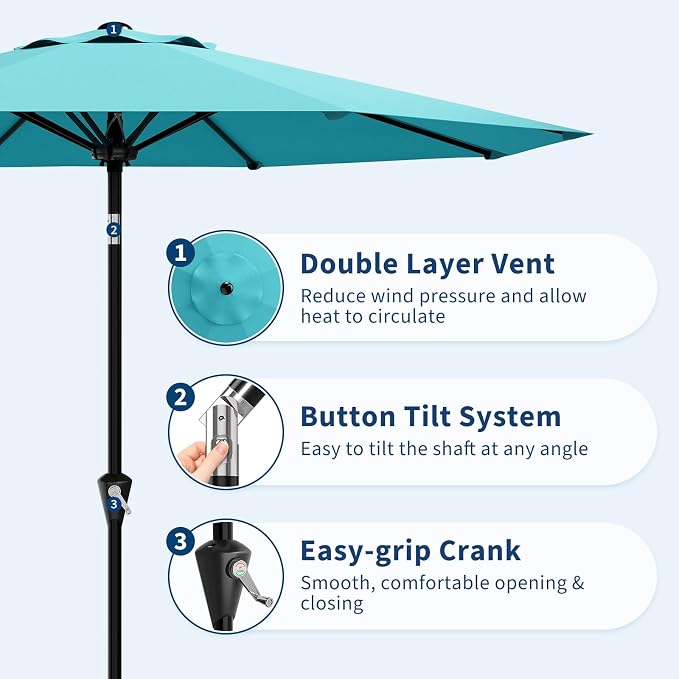 GarveeLife 10FT Umbrella Outdoor Patio, Pool Umbrella with Push Button Tilt and Crank, 8 Sturdy Ribs Waterproof UV Protection for Garden, Table, Backyard, Market | Table Umbrella Waterproof UV Protection for Garden, Pool, Deck, Backyard, Market (Sky Blue)