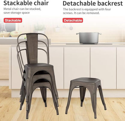 FDW | Set of 4 Metal Dining Chairs | Bronze | Stackable Tolix Side Chairs with Backrest | Scratch-Resistant | Non-Slip Feet | Indoor/Outdoor Use | 330 lbs Capacity | Ideal for Kitchen & Restaurant