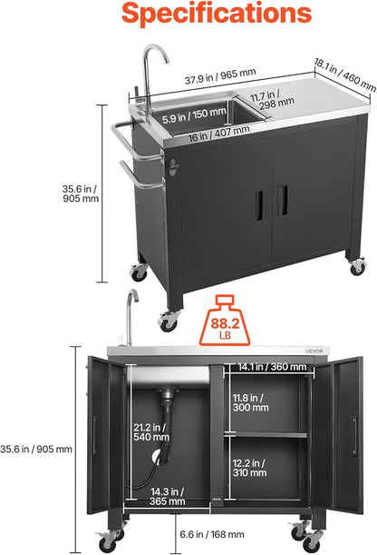 VEVOR Outdoor Grill Cart with Sink and Storage Cabinet, 38 Inch Grill Table, Waterproof Kitchen Island with Stainless Steel Top, Spice Rack, Wheel, Movable Food Prep Station for Patio Bar Backyard BBQ