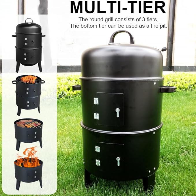 Vertical Charcoal Smoker with Built-in Thermometer Air Vent Round BBQ Grill 2 Access Doors for Outdoor Cooking Camping