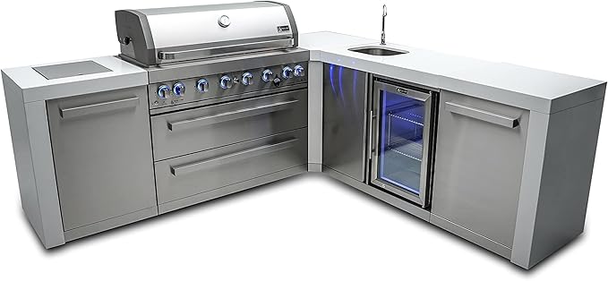 Mont Alpi Premium 94"W x 88"D L-shaped Deluxe Stainless Steel Modular Outdoor Kitchen Island with Beverage Center Refrigerator Faucet & Sink + 44"W 6-Burner BBQ Gas Grill + Storage Cabinets & Drawers