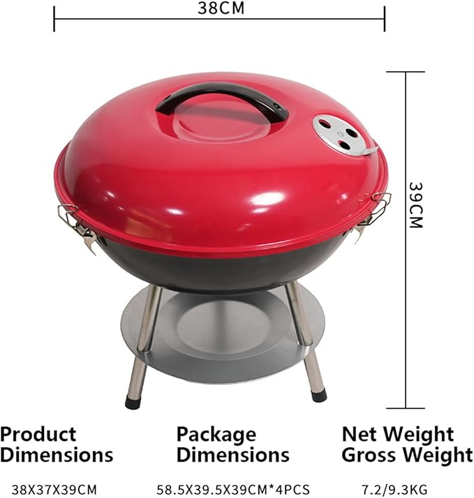 Round Griddle, Charcoal Grills Portable Charcoal Round Grill, Red Small Grills with Locking Lid and Dual Vents Chrome Plated Travel BBQ for Backyard Bonfire Outdoor Cooking Camping
