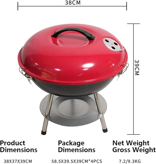 Round Griddle, Charcoal Grills Portable Charcoal Round Grill, Red Small Grills with Locking Lid and Dual Vents Chrome Plated Travel BBQ for Backyard Bonfire Outdoor Cooking Camping
