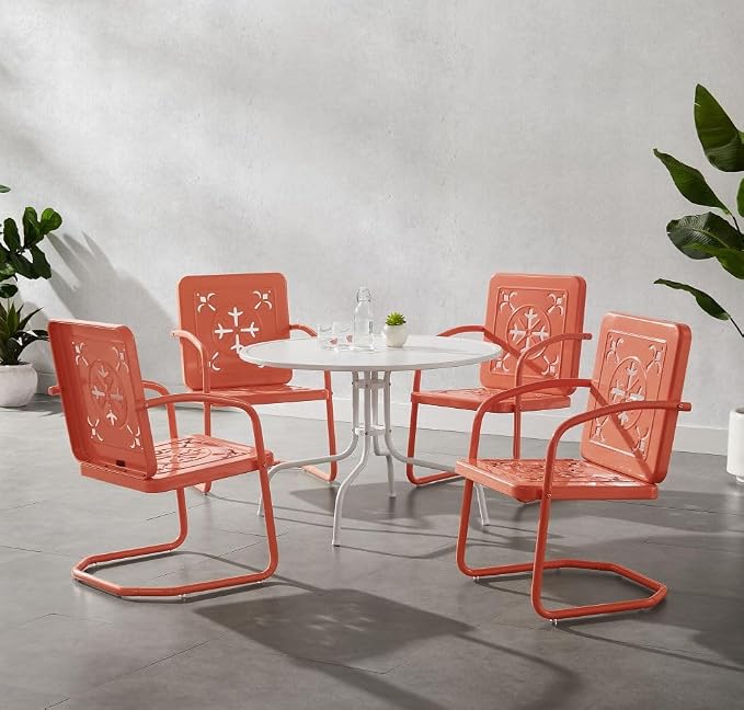 Crosley Furniture Azalea 5-Piece Vintage Outdoor Dining Set for 4, Retro Metal Round Patio Table and Chairs, Coral Gloss/White Satin