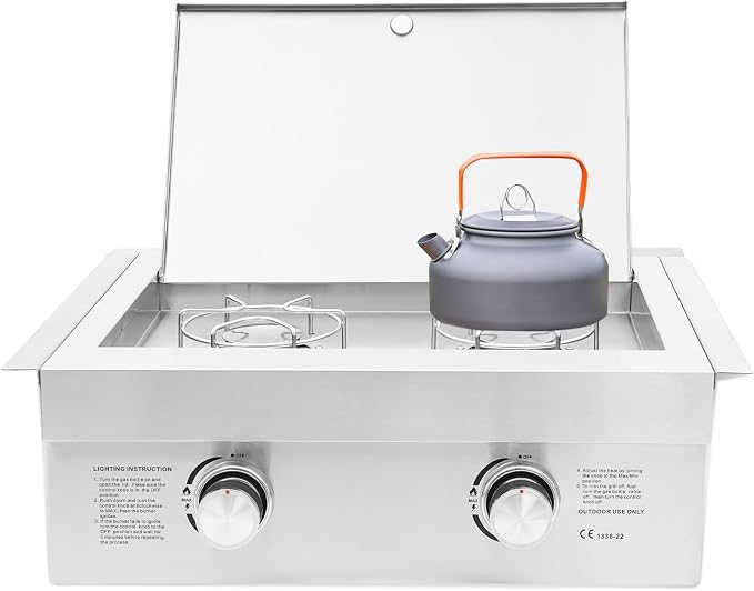 2-Burner Propane Gas Stove, 3.5KW Grilling Side Burners, 304 Stainless Steel Gas Stove with Cover Plate, Dual Knobs, for Patio BBQ, Backyard Cooking, Camping, Frying, Boiling