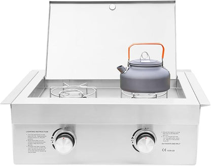 2-Burner Propane Gas Stove, 3.5KW Grilling Side Burners, 304 Stainless Steel Gas Stove with Cover Plate, Dual Knobs, for Patio BBQ, Backyard Cooking, Camping, Frying, Boiling