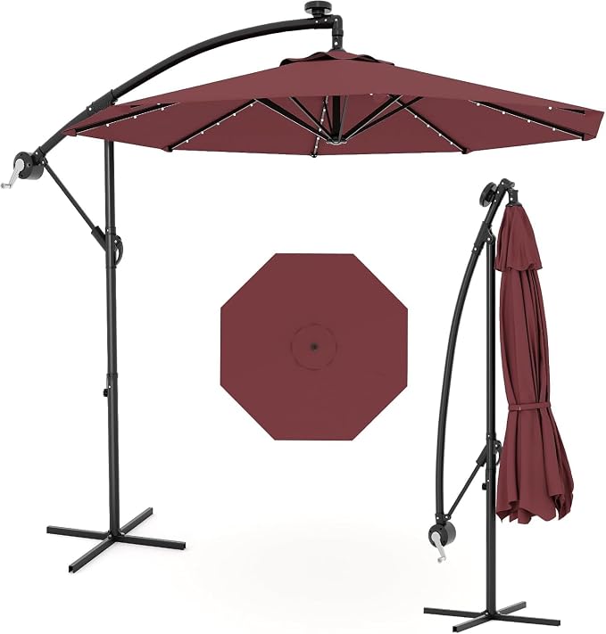 Garvee 10FT Offset Patio Umbrella with Cross Base, Burgundy | Cantilever Umbrella with Easy Lift & Tilt Adjustment, 8 Ribs Sun umbrella UV Protection for Backyard, Pool, Garden