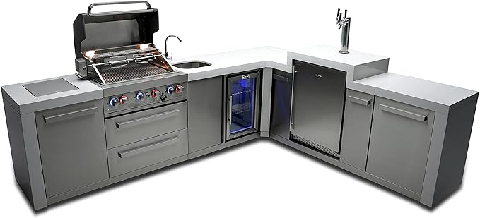 Mont Alpi 120"W x 98"D Deluxe L-shaped Stainless Steel Outdoor Kitchen Island with Fridge Faucet & Sink Combo + 3-tap Kegerator Beer Dispenser + 32"W 4-Burner BBQ Grill + Storage Cabinets + Cover