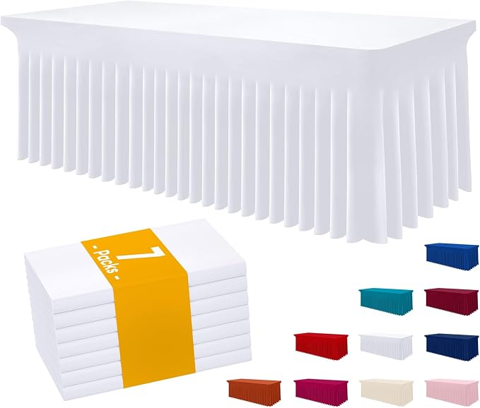 Smiry 7 Pack Spandex Elastic Fitted Table Cloth Skirt for 6FT Table | Stretch Washable Table Cloth, Banquet Table Cover for Wedding, Party, Indoor & Trade Shows, (White, 72Lx30Wx30H)