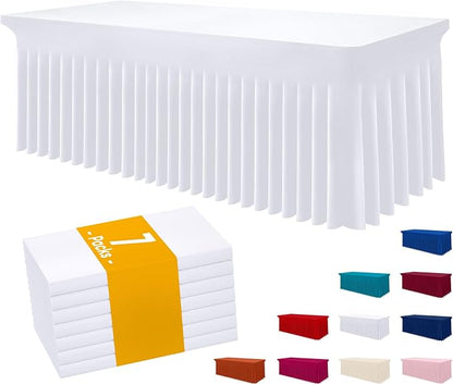 Smiry 7 Pack Spandex Elastic Fitted Table Cloth Skirt for 6FT Table | Stretch Washable Table Cloth, Banquet Table Cover for Wedding, Party, Indoor & Trade Shows, (White, 72Lx30Wx30H)