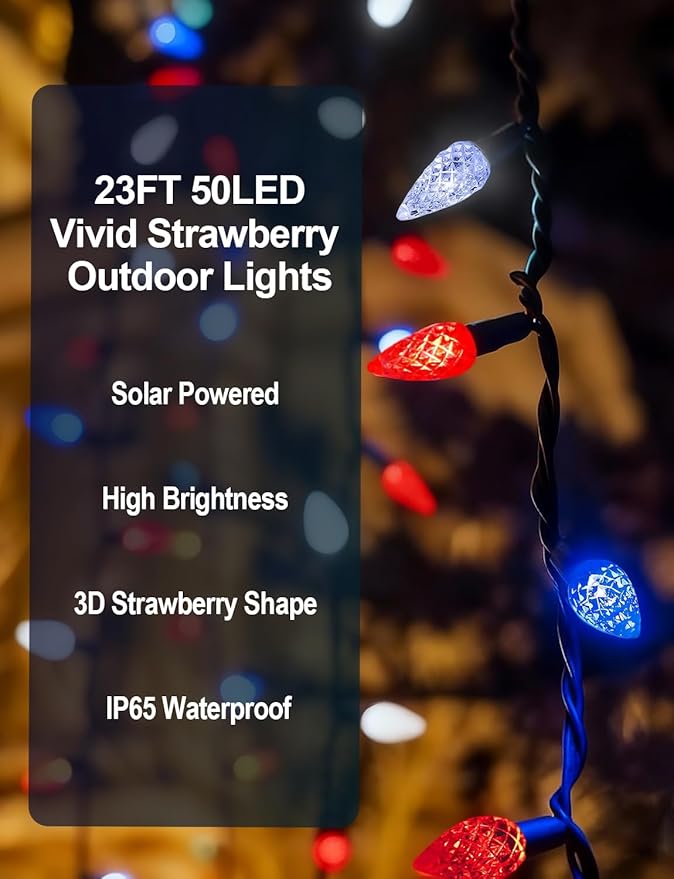 2 Pack C6 Strawberry String Lights, 50 LED Red White Blue Solar Powered Waterproof 8 Modes Outdoor Garden Patriotic Lights for 4th of July Decor