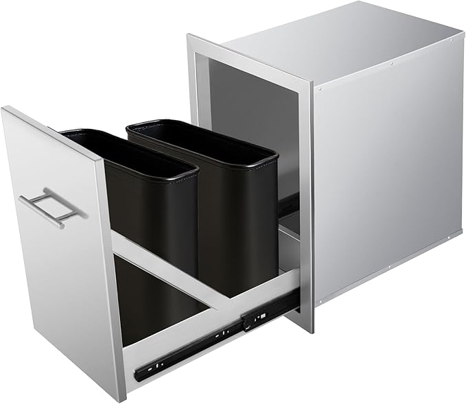 Pull Out Trash Can Drawer Outdoor Kitchen Trash Cabinet Stainless Steel Flush Mount for Outdoor Kitchens & BBQ Islands 14" W x 25.7" H x 19.4" D