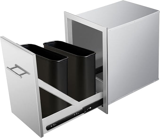 Pull Out Trash Can Drawer Outdoor Kitchen Trash Cabinet Stainless Steel Flush Mount for Outdoor Kitchens & BBQ Islands 14" W x 25.7" H x 19.4" D