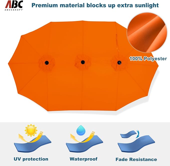 ABCCANOPY 15FT Double-Sided Rectangle Patio Umbrella with Base, Orange | Rectangular Outdoor Table Umbrella with Crank, Heavy Duty Market Umbrella Shade for Garden,Poolside, Lawn, Backyard