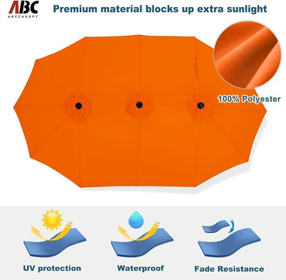 ABCCANOPY 15FT Double-Sided Rectangle Patio Umbrella with Base, Orange | Rectangular Outdoor Table Umbrella with Crank, Heavy Duty Market Umbrella Shade for Garden,Poolside, Lawn, Backyard