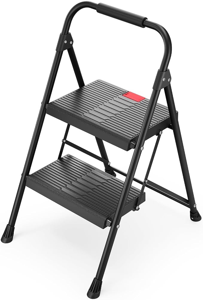 TOOLF 2 Step Ladder, Folding Steel Step Ladder with Handrail, Black | 500 lb Capacity, Wide Anti-Slip Pedals, Steel Frame, Safety Handrail, Foldable, Indoor & Outdoor Use
