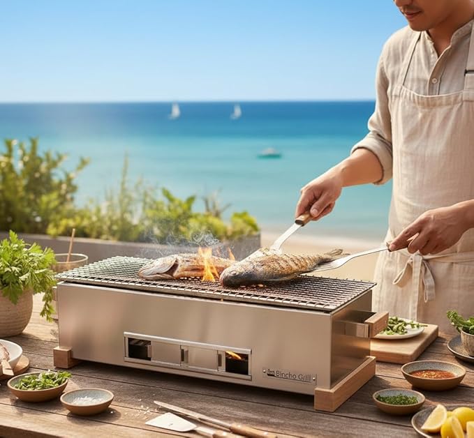 The Bincho Grill 24 Inch Wide Body Yakitori Grill – Japanese Style Charcoal Robata BBQ for Skewers, Steaks, and More – Restaurant-Quality Binchotan Tabletop Grill – Portable and Durable