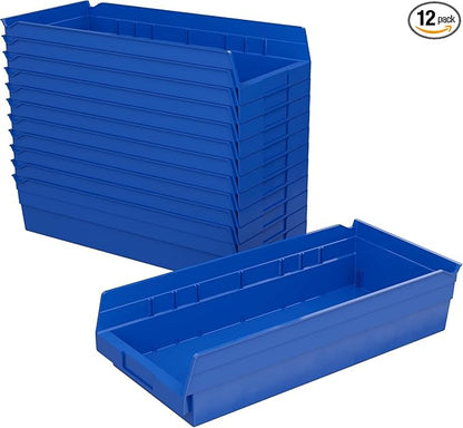 Akro-Mils 30128 Heavy Duty Plastic Shelf Bins, 18"x 4"x 4", Blue, 12-Pack | Heavy Duty Nesting Storage Bins for Garage, Closet, Refrigerator, Kitchen, Cabinet, Drawer Organization, Pantry Organization